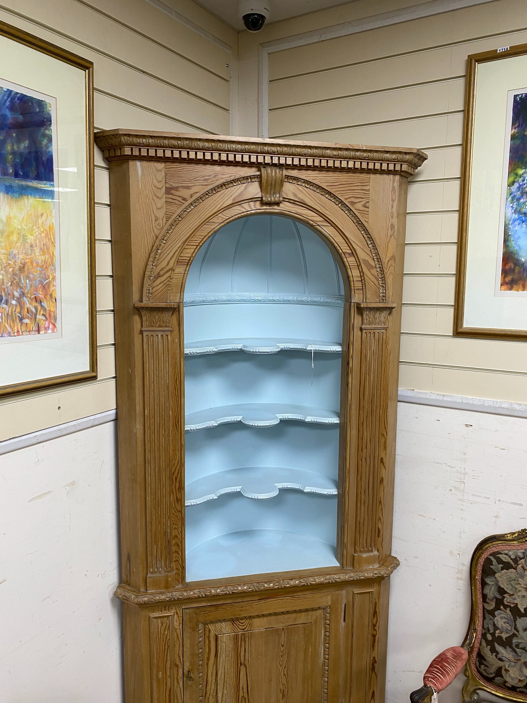 A George III style pitch pine standing corner cupboard, width 96cm, depth 38cm, height 210cm
